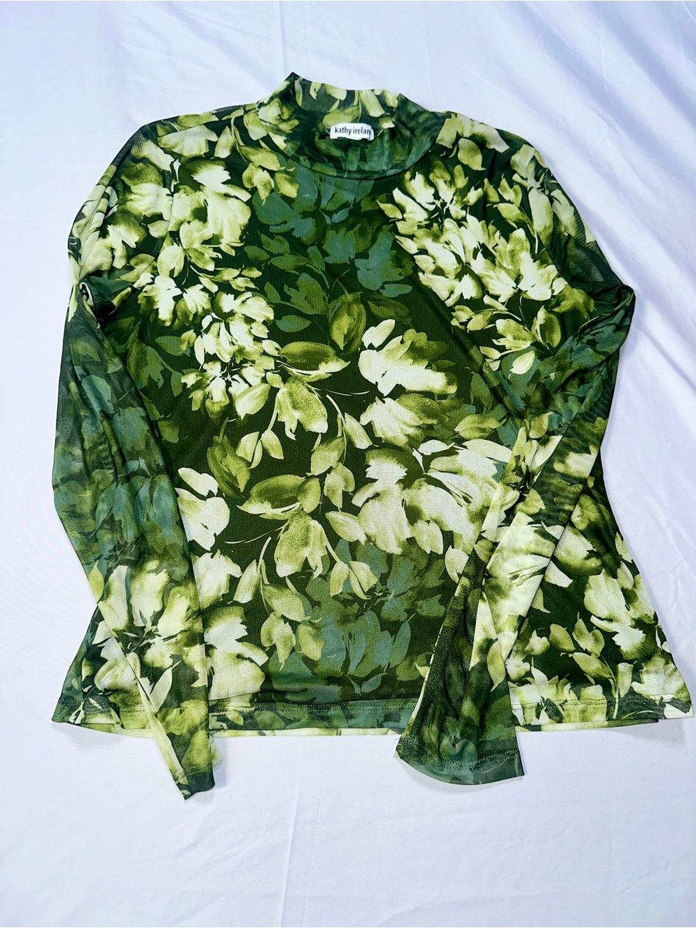 kathy ireland Olive Green Floral Long-Sleeve Mesh Top